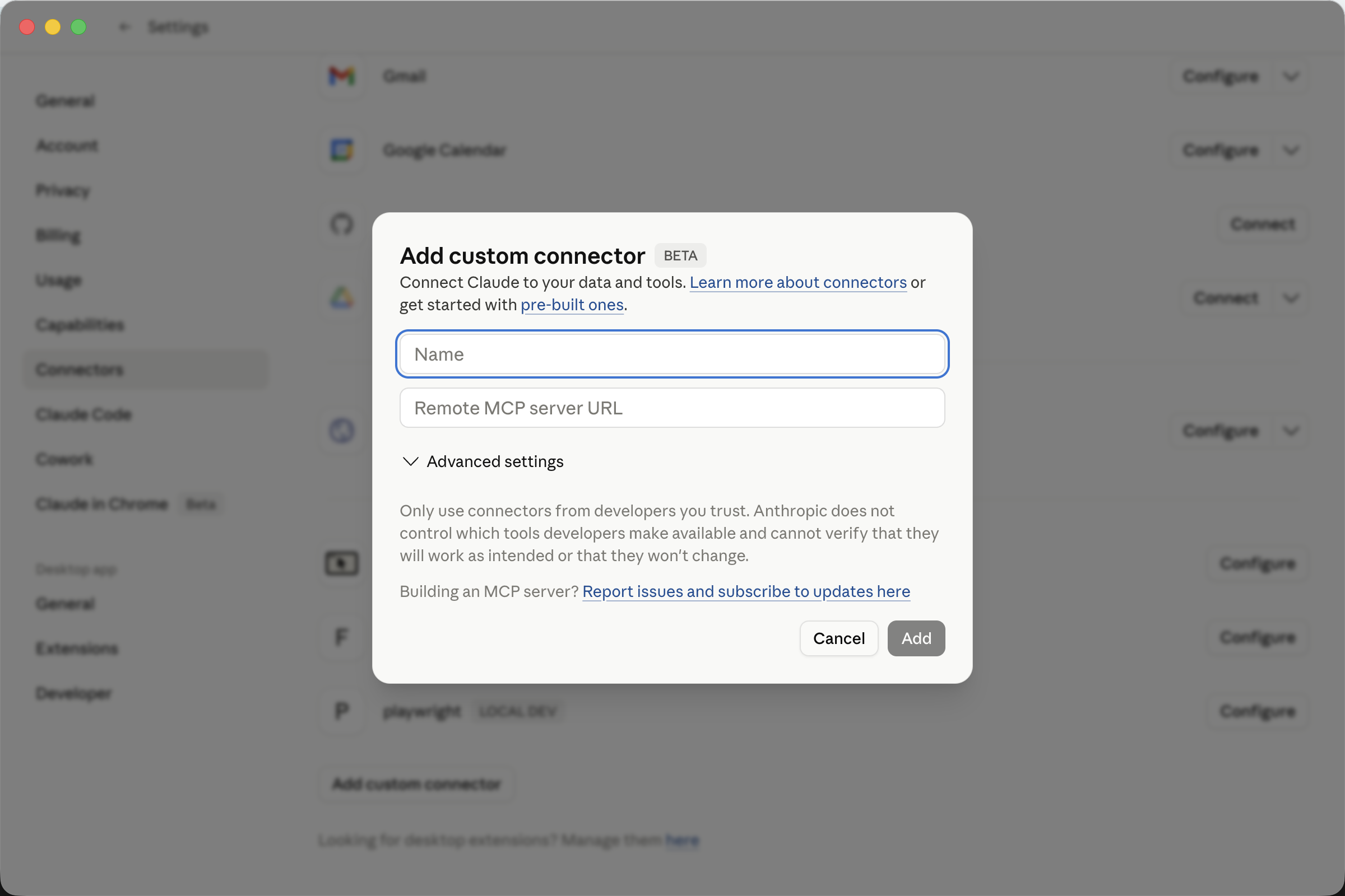 Add custom connector dialog with Name and Remote MCP server URL fields